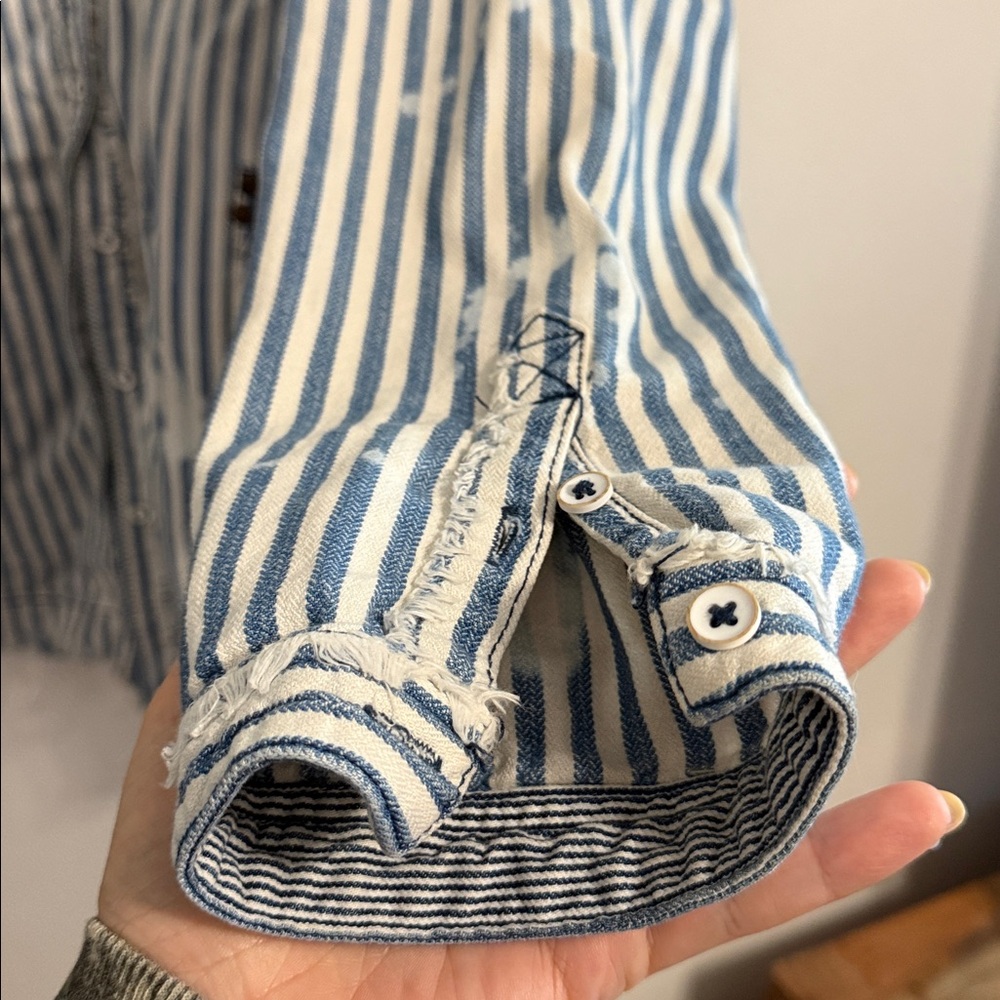 FREE PEOPLE DISTRESSED RAILROAD STIPE BUTTON DOWN - Picture 5 of 6